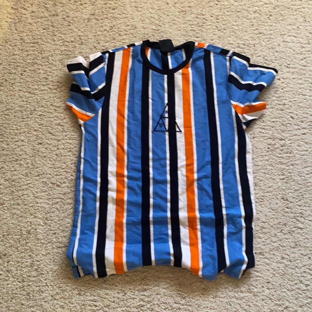 blue, orange, black, white striped t shirt